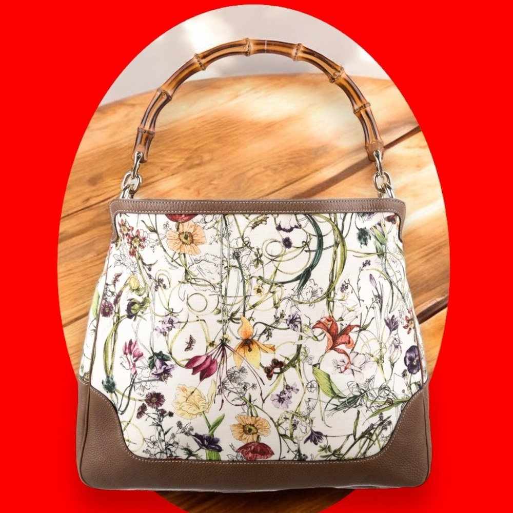 Gucci Floral Print Leather Handbag